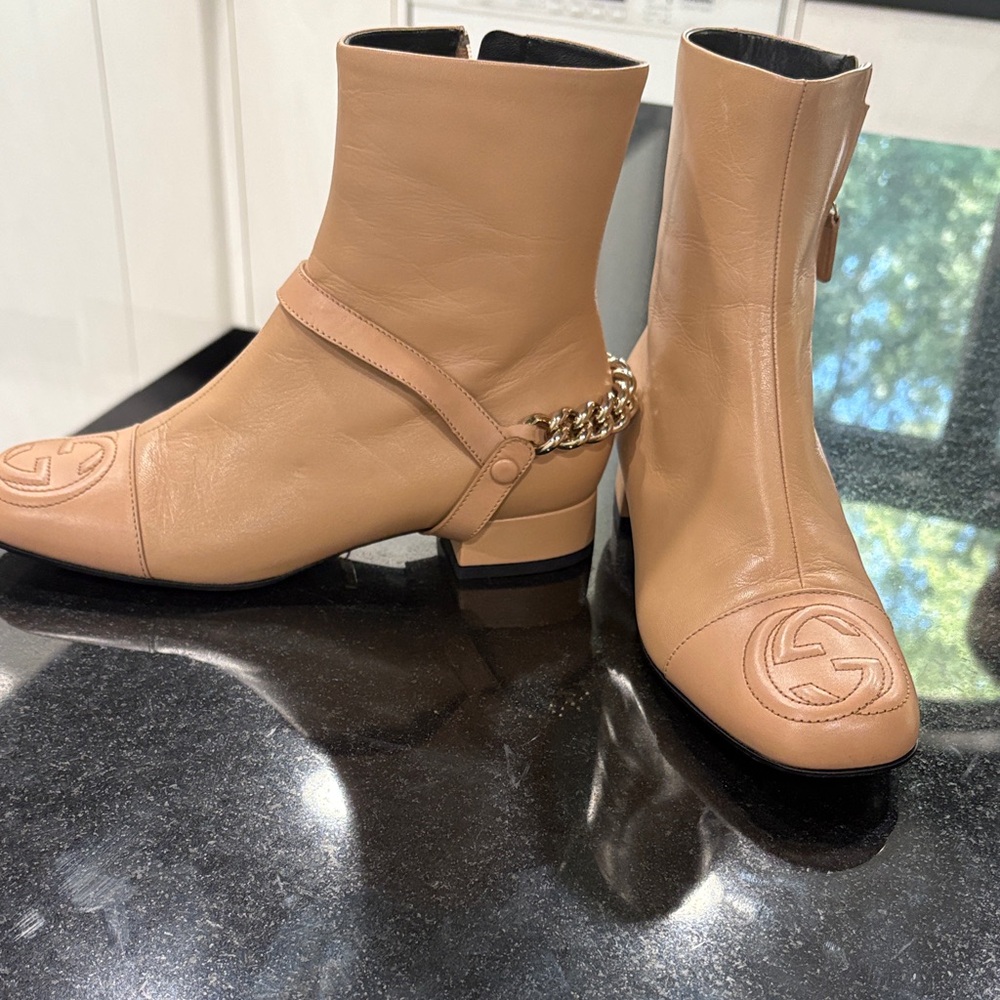 Gucci Beige Leather Ankle Boots with Chain Detail